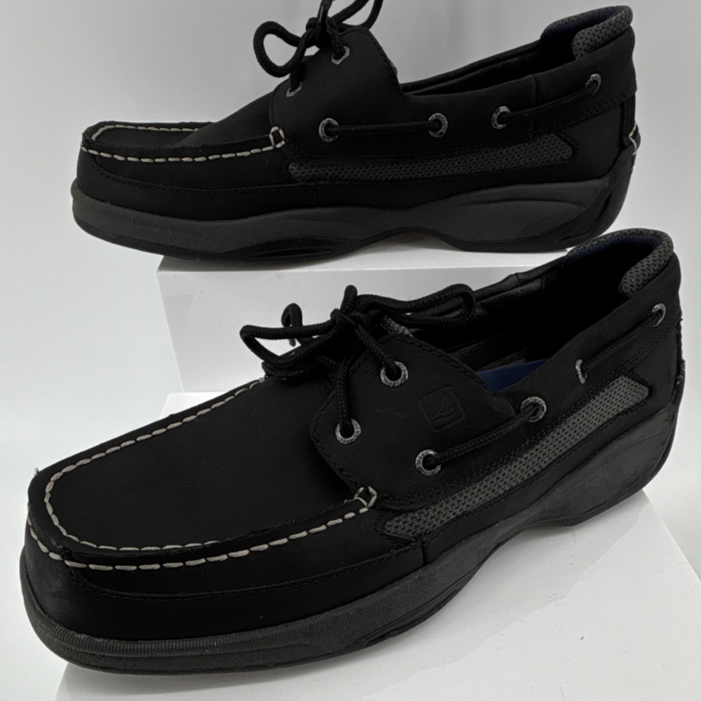 Sperry Top-Sider Men Black Leather 2-Eye Cross Lace Boat Shoes 11.5W Contrast